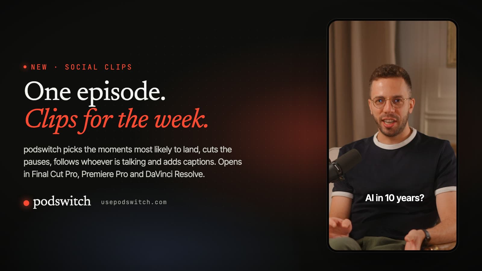A vertical podcast clip on a phone: one speaker framed in the upper half, with a caption reading AI in 10 years.